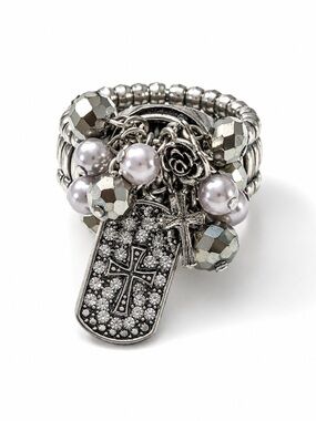 Silver Pearl Rhinestone Cross Charm Stretch Ring Gunmetal Black